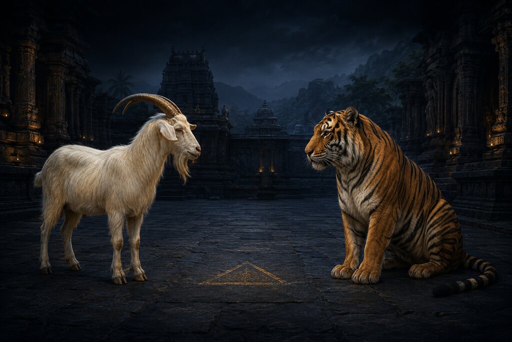 A goat and a tiger face each other across a temple courtyard at night