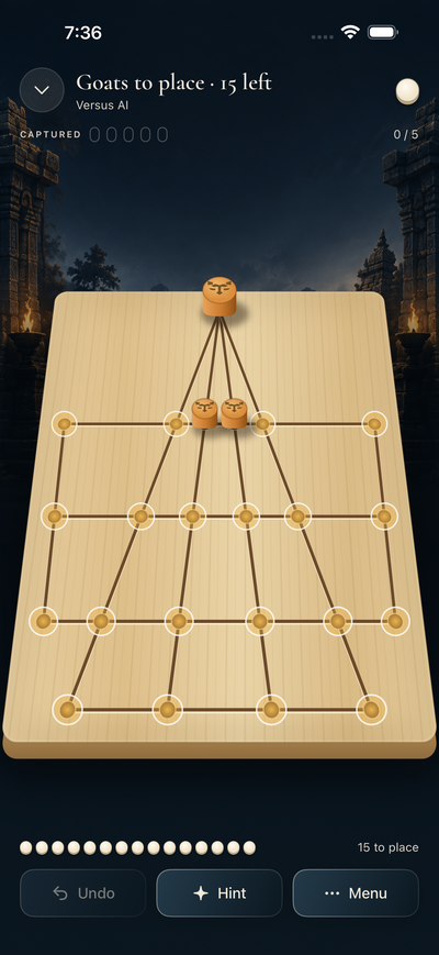 Game screen: the wooden board with three tigers and goats waiting to be placed