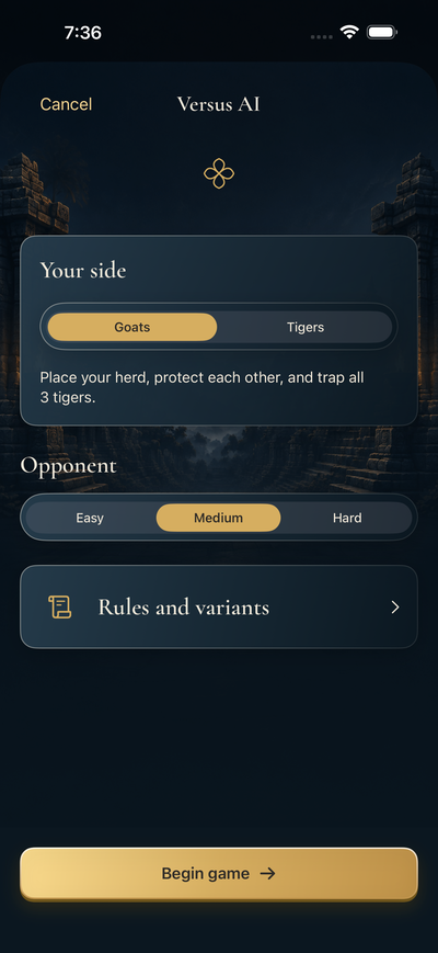 Versus AI setup: choose Goats or Tigers and an Easy, Medium or Hard opponent